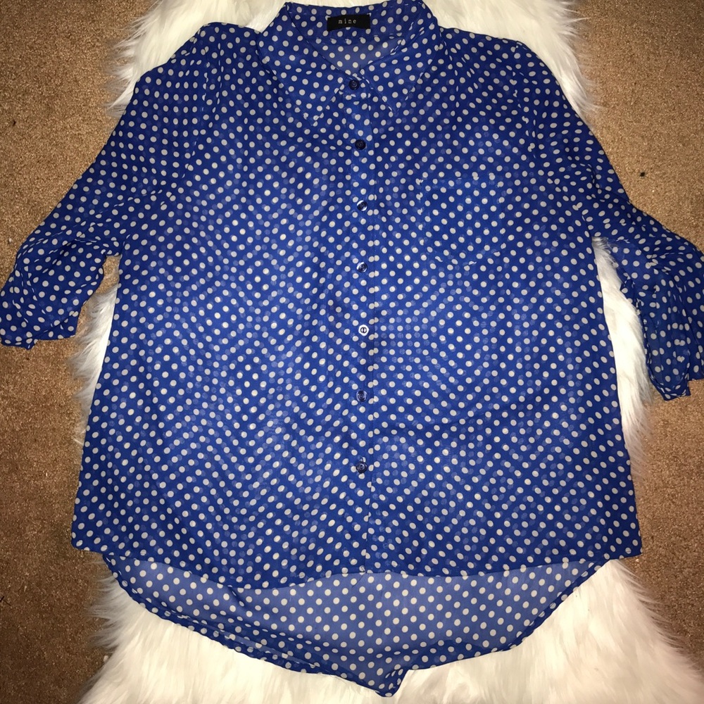 Blue and white sheer polkadot blouse